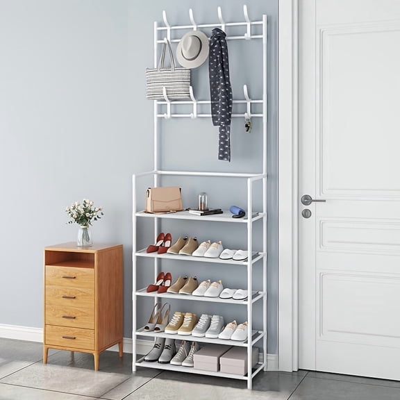 5-Tier Detachable Metal Shoe & Hat Rack with 8 Hooks for Bags, Clothes, Umbrella Storage | For Hallway, Living Room & Closet Organization