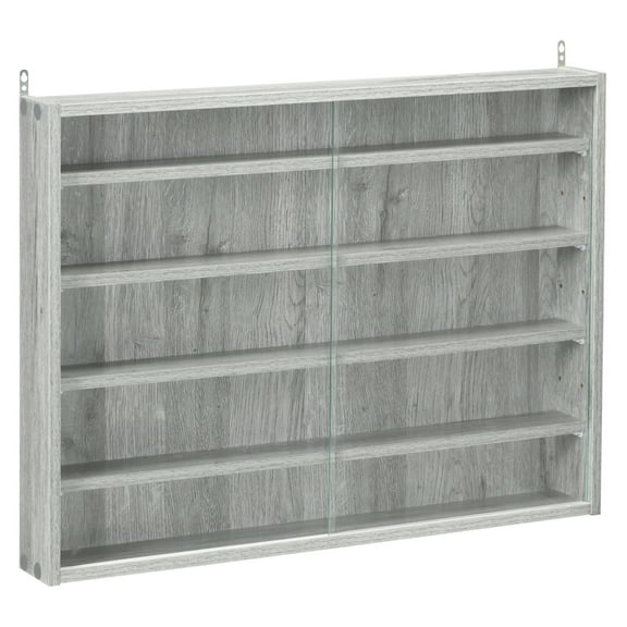 5-Tier Display Cabinet, Glass Display Case with 2 Doors and Adjustable Shelves, Wall-Mounted, Grey