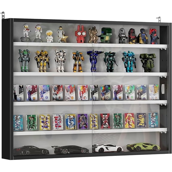 5-Tier Display Cabinet, Glass Door Cabinet with Adjustable Shelves, Wall-Mounted Display Case for Playroom, Bedroom, Black and White