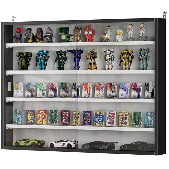5-Tier Display Cabinet, Wall-Mounted Display Case with 2 Glass Doors and Adjustable Shelves, Black