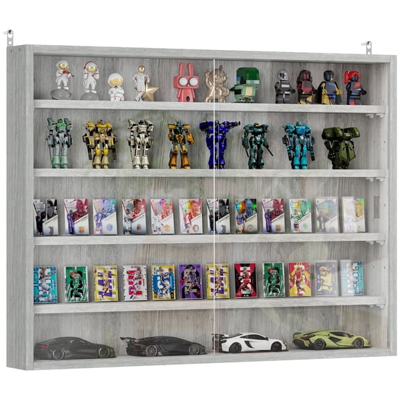 5-Tier Display Cabinet, Wall-Mounted Display Case with 2 Glass Doors and Adjustable Shelves, Gray