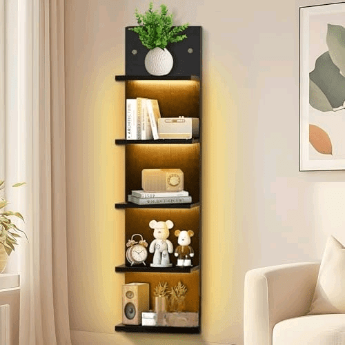 5 Tier Display Shelf Case with Lights LED Wall Mount Vertical Lack Shelf with LED Wall Decor Floating Shelves for Bedroom Living Rooms Book Gaming Shelves Supports USB Black