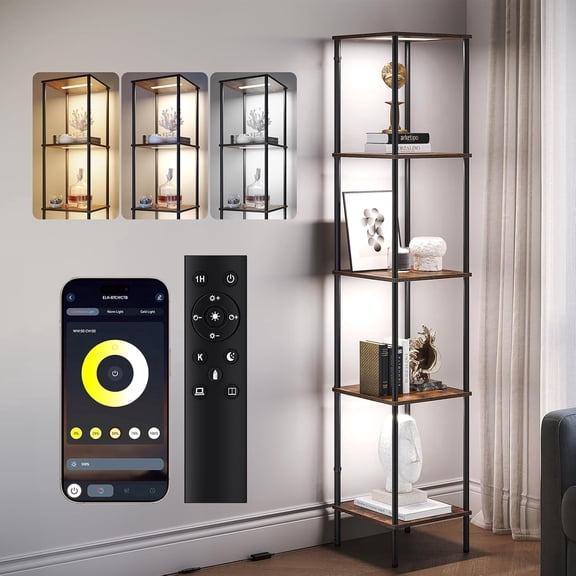 5 Tier Display Shelf with LED Light, Display Case for Collectibles with App & Remote Control, Display Curio Cabinet with 3 Color Temperatures, Dimmable Floor Lamp with Shelves for Living Room