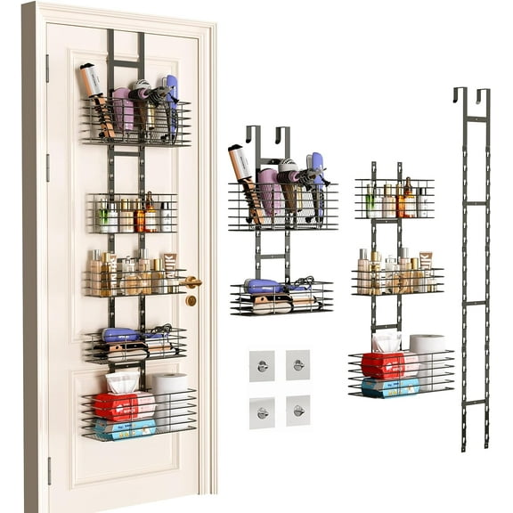 5-Tier Over The Door Organizer Bathroom - Hair Dryer Holder - Hair Tool Organizer Adjustable Height, DIY Bathroom Storage Shelf Wall Mounted for Flat/Curling Irons, Straighteners, Skincare