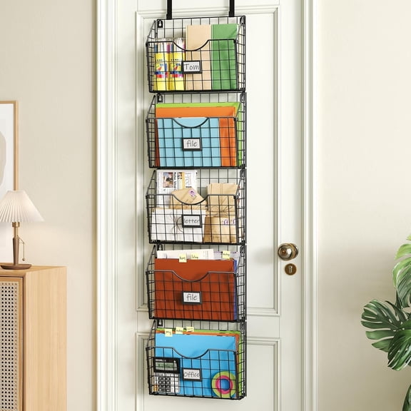 5-Tier Over the Door File Organizer, Stackable Hanging Wall Files Rack with Hooks Organizers, SVertical Storage Tag for Office Home and Work Easy Organizing - Black