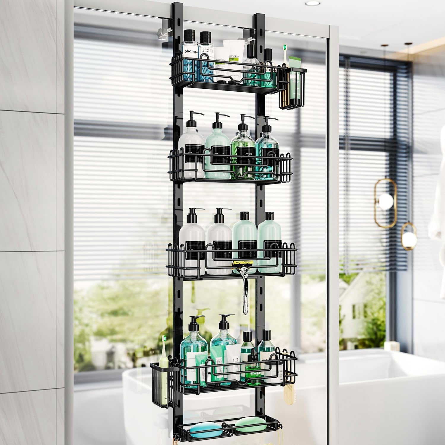 5 Tier Over the Door Shower Caddy, Hanging Shower Caddy with 28 Hooks and 2 Toothbrush Holders, No Drilling Adjustable Hanging Bathroom Organizer - Black