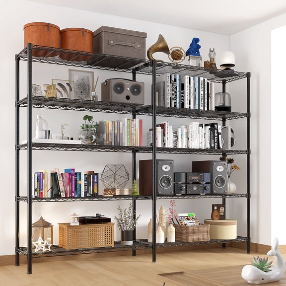 5-Tier Double-Row Iron Display Stand - 17740180cm, Freely Adjustable Layer Spacing + Non-Slip Leveling Feet (Powder-Coated Black, Home/Office/Retail, 16.7kg)