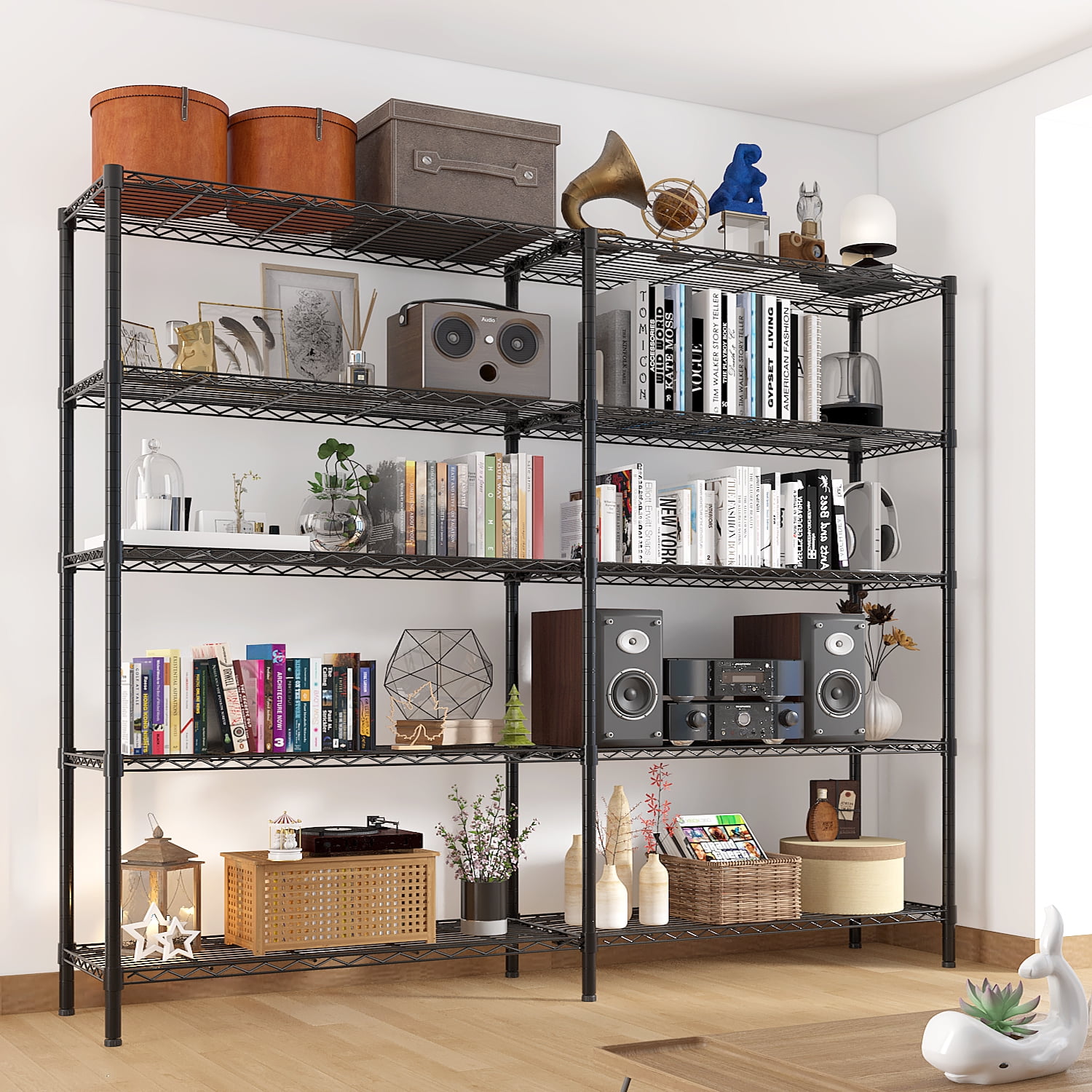 5-Tier Double Row Iron Shelf 177x40x180cm, Powder-Coated Black Display ...
