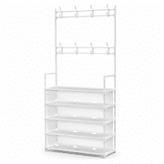 5-Tier Dustproof Entryway Coat and Shoe Rack with 8 Removable Hooks, Freestanding Organizer for Front Door