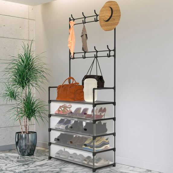 5-Tier Entryway Coat Rack Hall Tree Coat Rack and Dustproof Shoe Rack, Entryway Storage Shelf Organizer with 8 Hooks for Bedroom Hallway Office Black