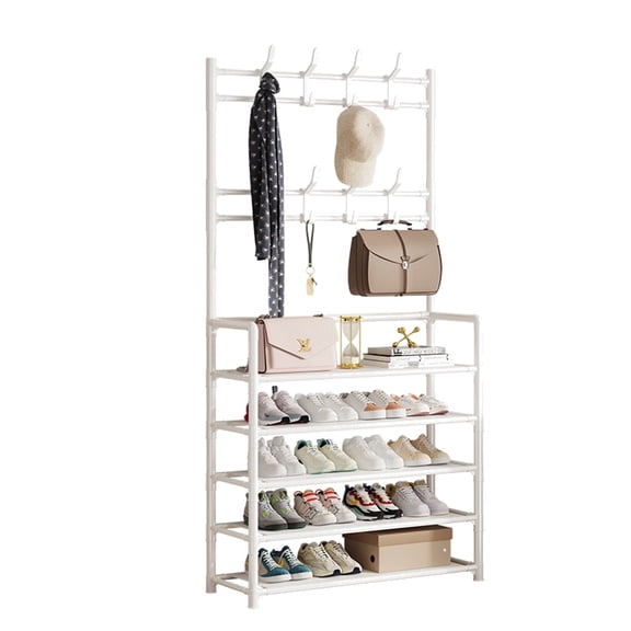 5-Tier Entryway Coat Rack Shoe Shelf, 2-in-1 Hall Tree with 8 Hooks, Thickened Plastic Storage Organizer for Shoes, Bags, Hats (Black/White)
