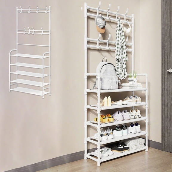 5-Tier Entryway Shoe Rack with Coat Hook – Multi-Layer Freestanding Organizer for Bedroom, Closet, Dorm – Waterproof Non-Woven Shelves and Steel Frame Shoe Storage Shelf, Black/White