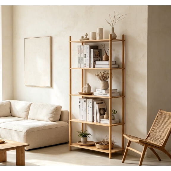 5-Tier Expandable Freestanding Open Bamboo Book Shelf - No-Tool Assembly, Modular Bathroom Storage Shelf Unit, Plant Stand for Small Space, Bedroom, Living Room, Home Office (Natural, 5-Tier)