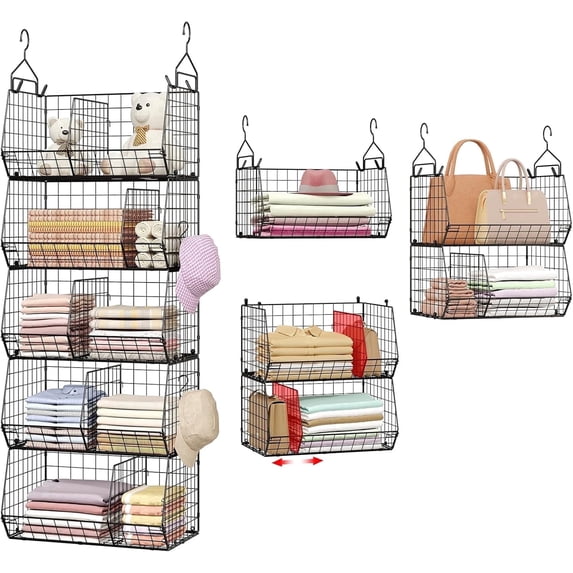 X-COSRACK 5-Tier Hanging Closet Organizer, Metal Wire Modular Storage Baskets with Dividers & Hooks, Anti-Sag Wardrobe Shelf, Black