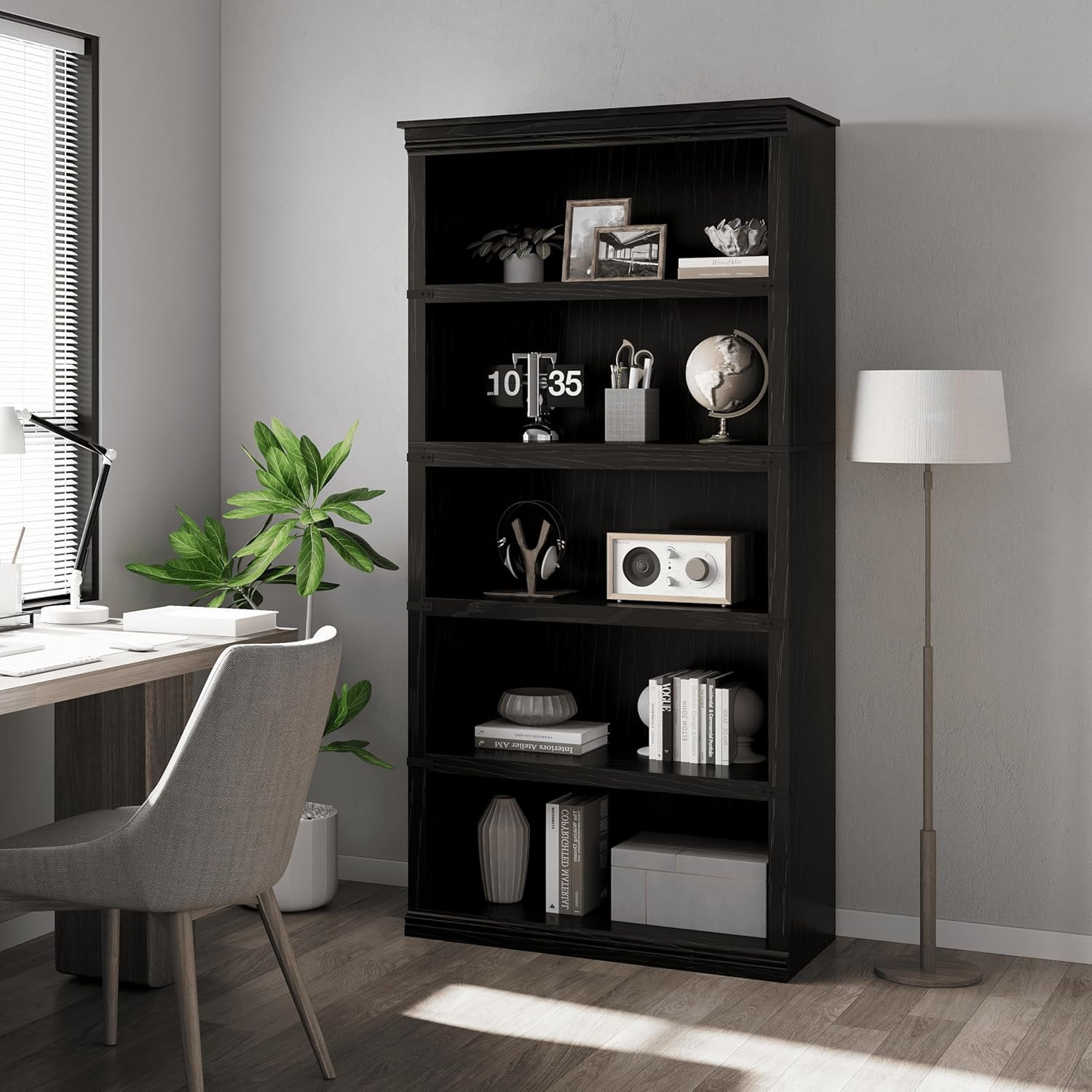 5 Tier Farmhouse Bookcase, 67.4" Tall Book Shelf with Storage, Wooden Bookshelves 5 Shelf Display Shelves for Home Office(67.4" H x 31.5" W x 12.8" D) (Black, 67.4" H x 31.5" W x 12.8" D)