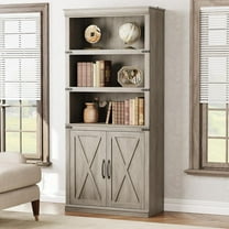 5-Tier Farmhouse Bookcase with Cabinet Storage Doors 68.7 Inch Tall Wooden Bookshelf for Home Office Living Room Bedroom, Grey