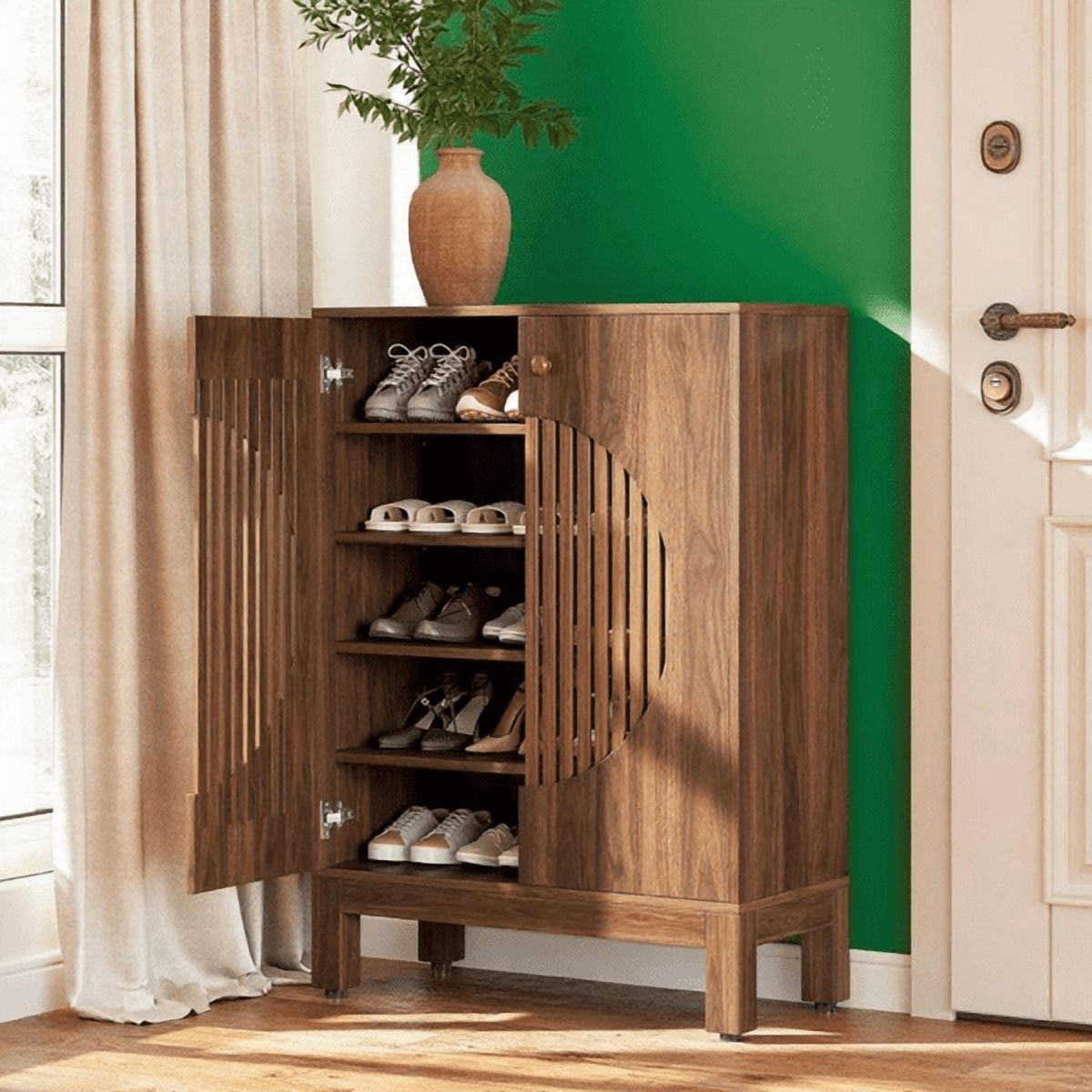 5-Tier Farmhouse Shoe Cabinet with Louvered Doors - 20-Pair Capacity, Adjustable Shelves, Rustic Design for Entryway, Living Room, Multi-Purpose Storage