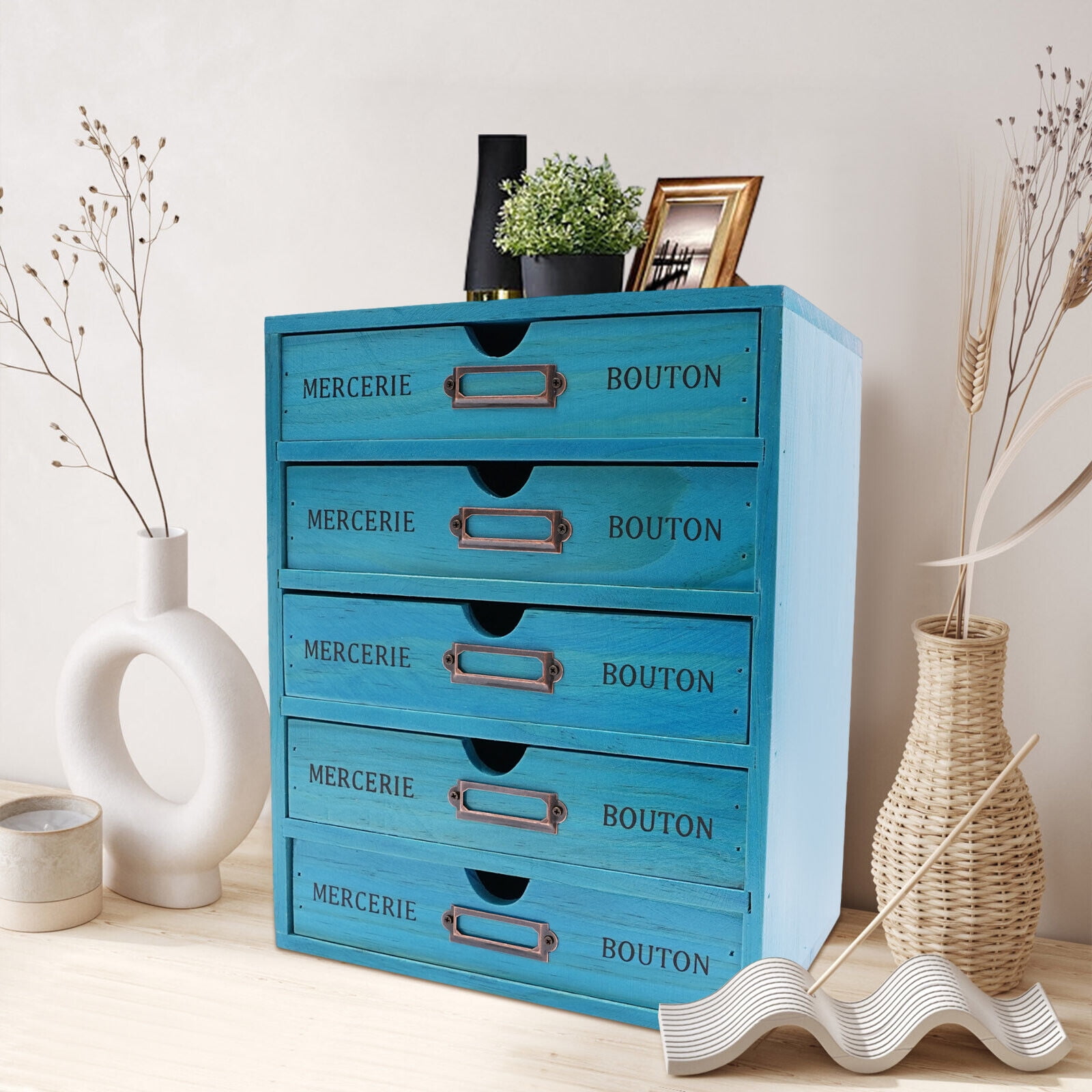 5-Tier Blue Vintage  Drawer Cabinet Pine Wood Rectangular Stable Desk Organizer Box with U-shaped Holes
