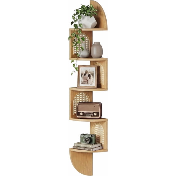 5-Tier Floating Corner Shelves for Wall, Zigzag Shelf Unit, PVC Rattan Sides, Space-Saving, Kitchen, Living Room, Bedroom, Boho Style, Oak Beige