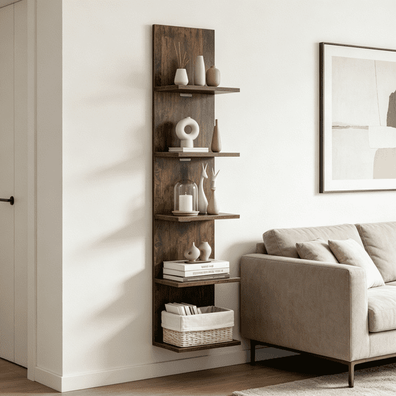 5 Tier Floating Shelf 51inch Tall Wall Mounted Rustic Brown Engineered Wood 11lbs Capacity 9.5in Spacing Vertical Storage Books Bedroom Bathroom Kitchen Entryway Closet Narrow Space Saving Organizer