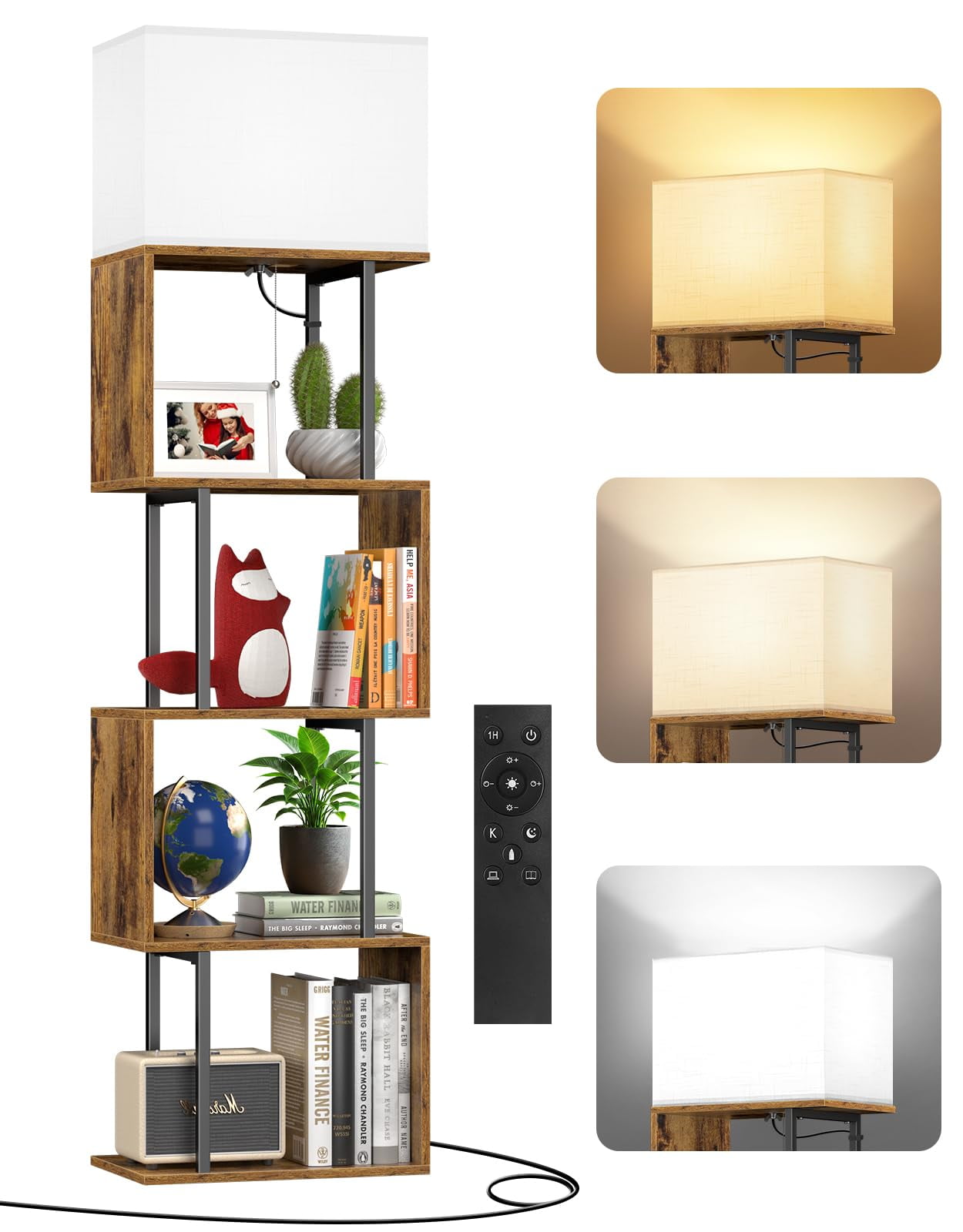 5-Tier Floor Lamp with Shelves & Remote, Dimmable S-Shaped Bookshelf ...