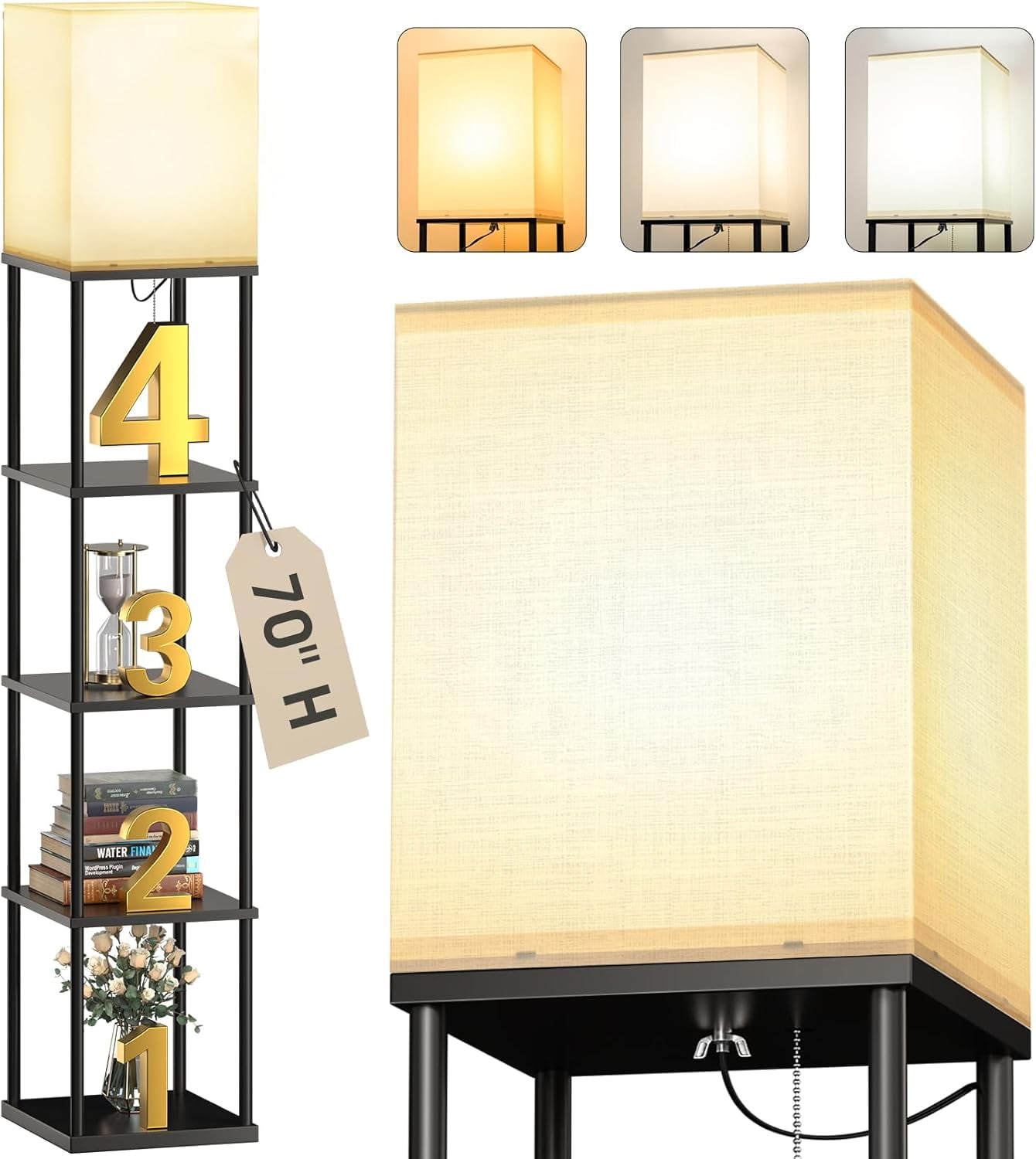 5-Tier Floor Lamp with Shelves, Standing Bookshelf Lamp with 3 Color ...