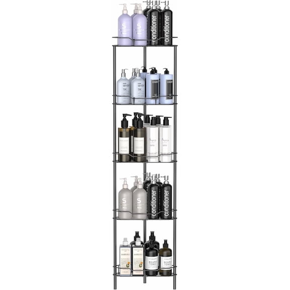 5-Tier Floor-Standing Corner Shower Caddy with Hooks, Matte Black Rust-Resistant Metal Bathroom Shelf Rack