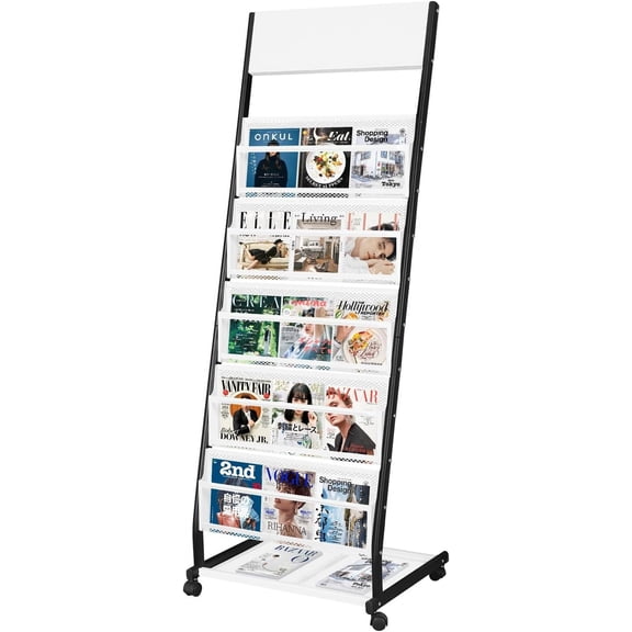 5-Tier Floor Standing Magazine Rack with Wheels, Large Brochure & Newspaper Display Stand for Office and Trade Shows, 18.7" Wide