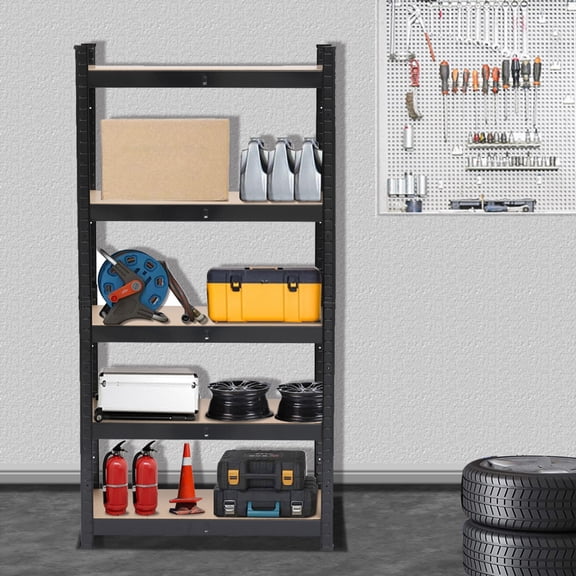 5-Tier Floor Standing Storage Shelves,Metal Steel Utility Shelves with Wheels, Metal Rack Shelving Unit, Heavy Duty No Assembly Organizer Utility Shelf for Garage, Kitchen, Basement,Black