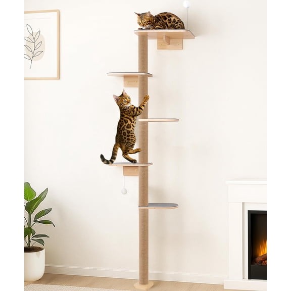 5-Tier Floor-to-Ceiling Tree Tower, Upgraded Grey Felt Kittens Wall Shelves, Rotatable Platforms & 3-Inch Wall Gap, Kitten Playground