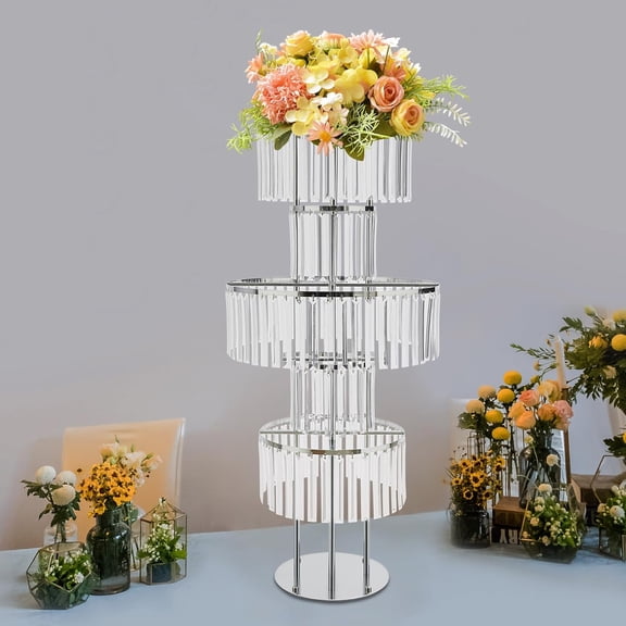 5-Tier Flower Holder for Wedding, Crystal Flower Stand Floor Standing Wedding Centerpieces Stand Tabletop Mount Decoration Flowers Stand for Wedding, Birthday Party (Silver, Round-bottom)