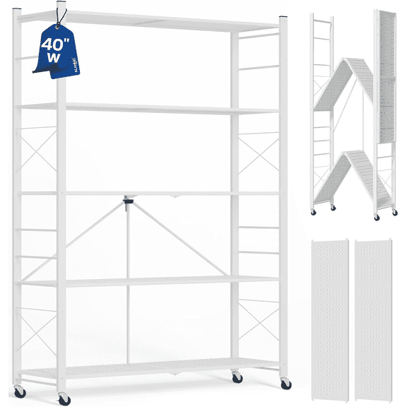 5-Tier Foldable Adjustable Storage Shelving Unit on Wheels, 40"W Rolling Rack for Kitchen Garage Pantry Home