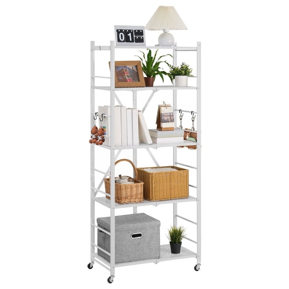 5-Tier Foldable Metal Shelf, 28x15x64 Inch, No Assembly, with 5 Wheels & 4 Hooks for Pantry Kitchen Garage Basement, White