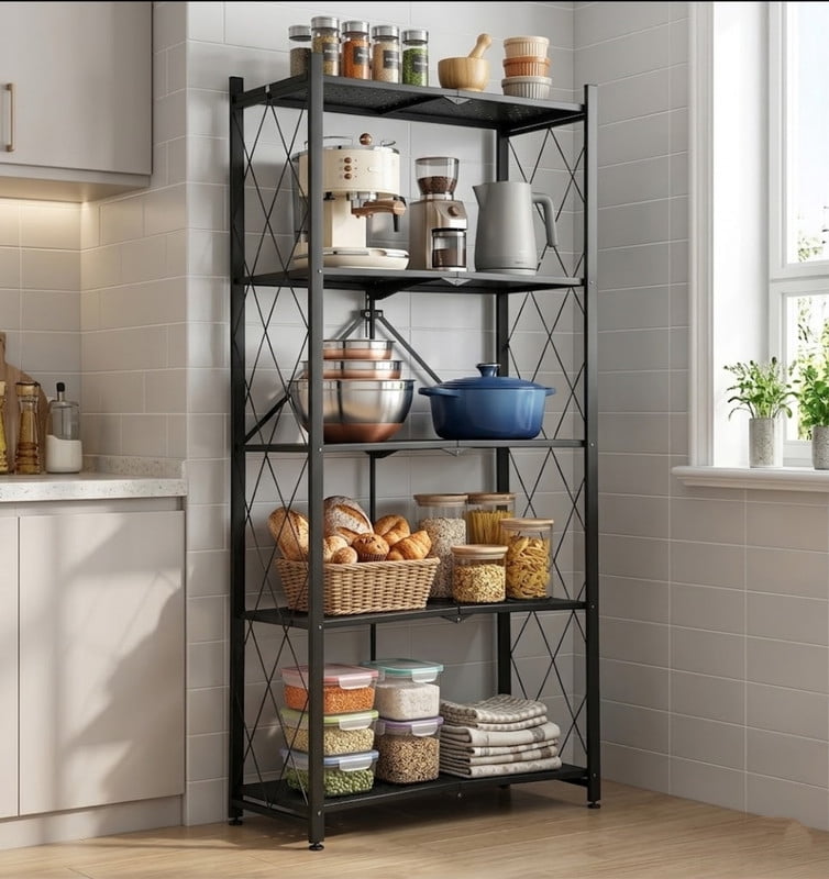 5-Tier Foldable Metal Storage Rack with Wheels, Heavy Duty Rolling Shelving Unit, Folding Metal Rack Shelving Unit for Garage, Kitchen, Basement