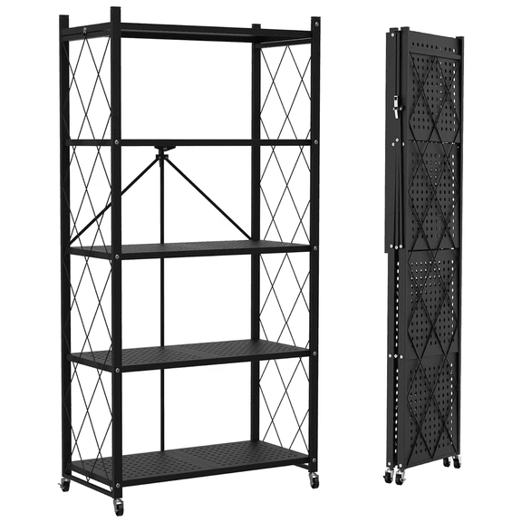 TAIMASI 5-Tier Foldable Metal Shelf with Wheels, Heavy Duty Movable Wire Rack for Garage, Kitchen, Basement, Pantry Storage, 28''L x 13.4''W x 61.4''H-Black