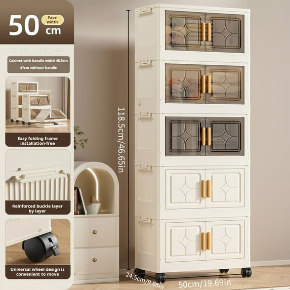 5-Tier Foldable Rolling Storage Cart with Doors and Clear Window, Large Capacity Plastic Storage Bins with Wheels, Portable Bedroom Closet Organizer with Magnetic Closure and Stackable Drawers, Cream