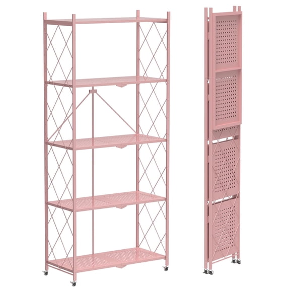 5 Tier Foldable Shelf with Wheels, Portable Carbon Steel No Assembly Organizer, Collapsible Rolling Standing Utility Storage Rack for Kitchen Pantry Office, Pink