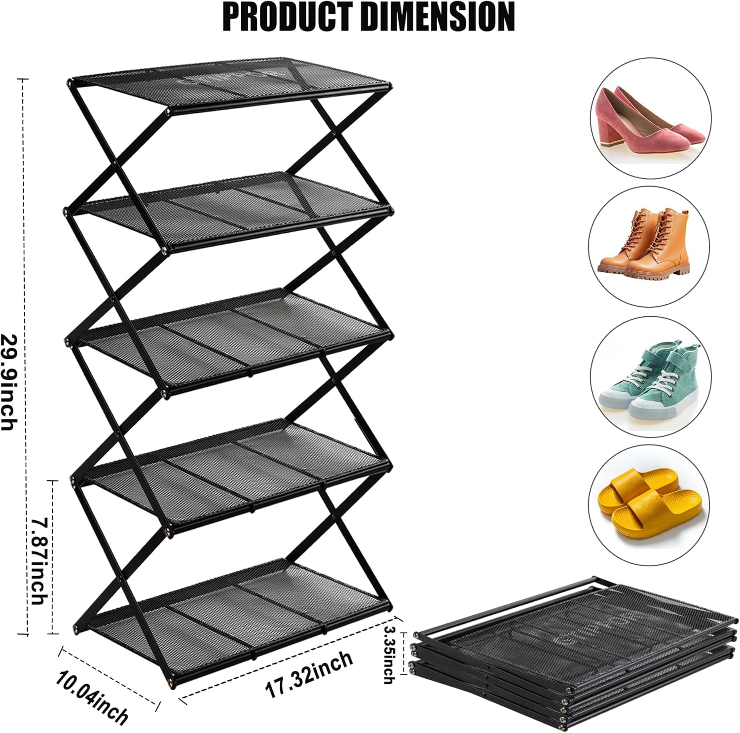 5 Tier Foldable Shoe Rack Without Assembly Collapsible Metal Shoe Organizer for Entryway Living Room Hallway Black