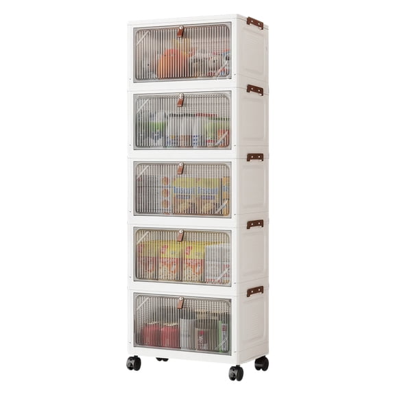 5 Tier Foldable Stackable Storage Cabinet with Flip Doors and Lockable Casters, Large Capacity Rolling Plastic Organizer