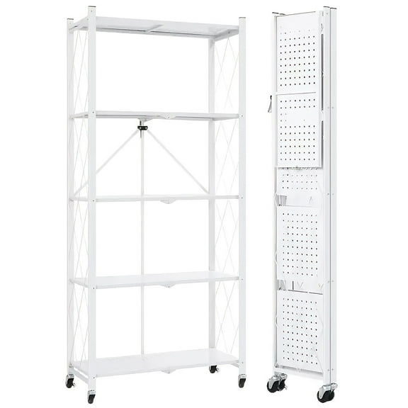 5-Tier Foldable Steel Storage Shelf - Collapsible Shelving Unit with Wheels - for Kitchen, Pantry & Closet"​​