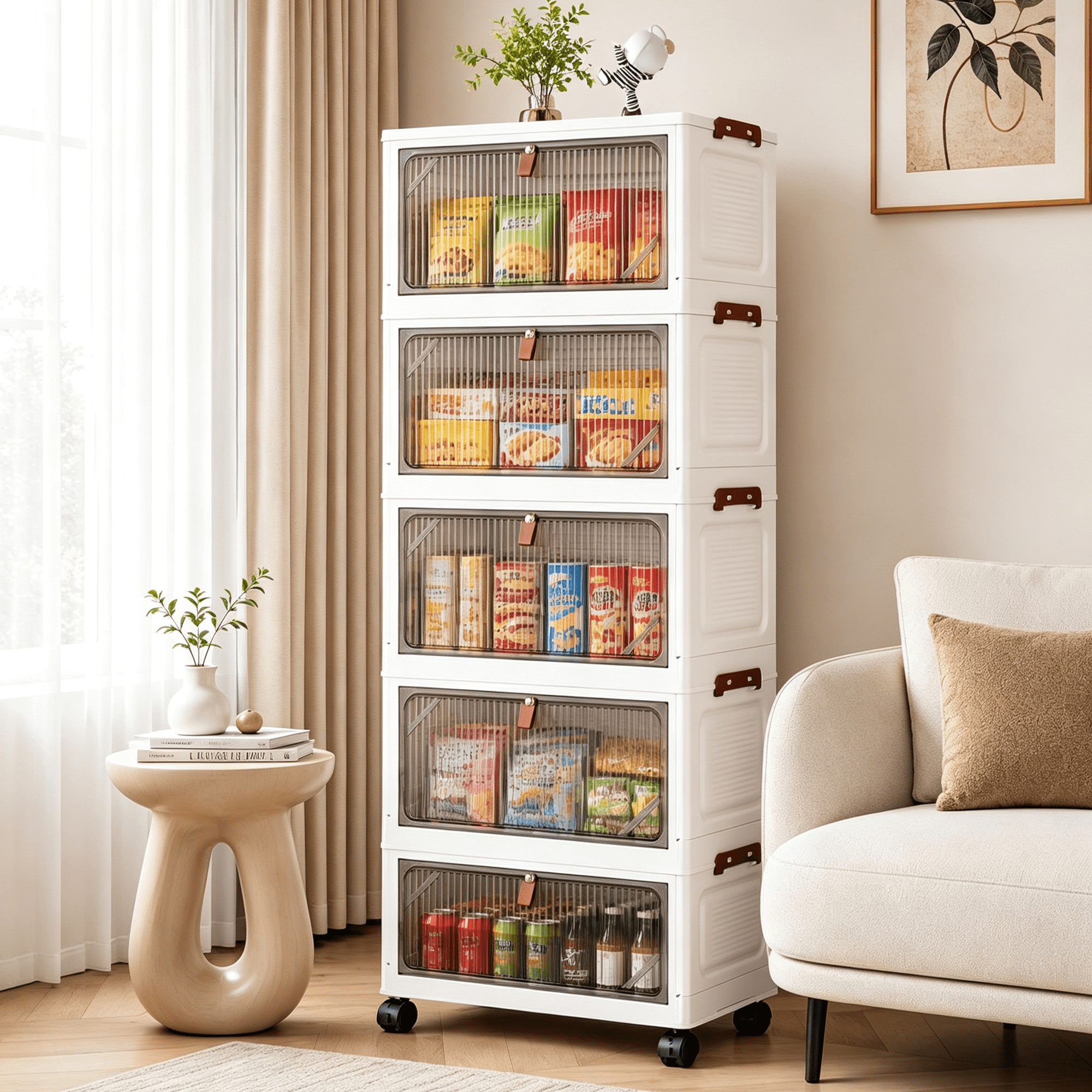 5 Tier Foldable Storage Cabinet with Wheels & Magnetic Doors, 115 QT Stackable Plastic Storage Bins, Dust-Proof Storage Organizer for Bedroom Living Room Dorm