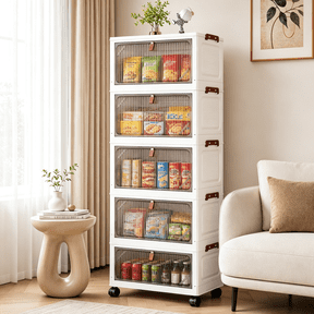 5 Tier Foldable Storage Cabinet with Wheels & Magnetic Doors, 115 QT Stackable Plastic Storage Bins, Dust-Proof Storage Organizer for Bedroom Living Room Dorm