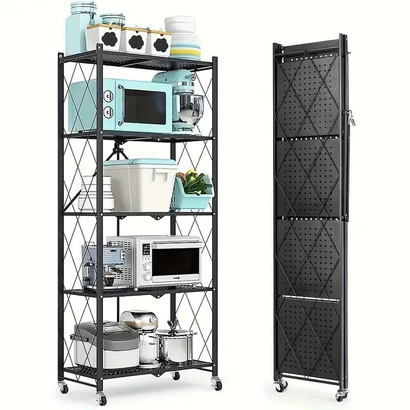 5-Tier Foldable Storage Rack with Wheels Multi-Purpose Metal Organizer ...