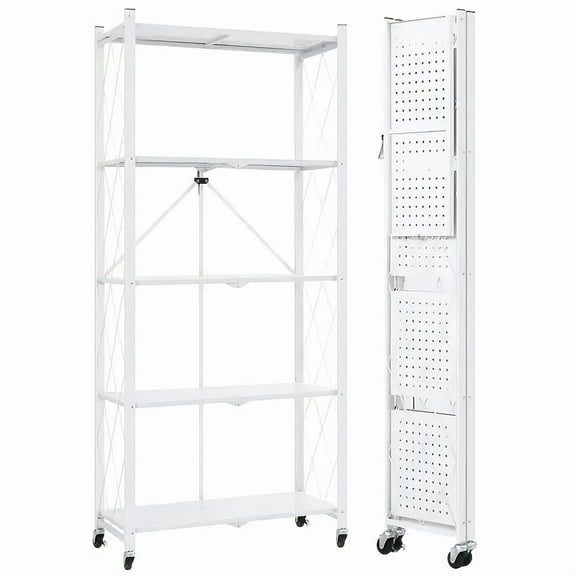 5-Tier Foldable Storage Shelf on Wheels, Steel Metal Collapsible Organizer for Kitchen Pantry Closet Office Display & Utility, Space-Saving Rolling Cart