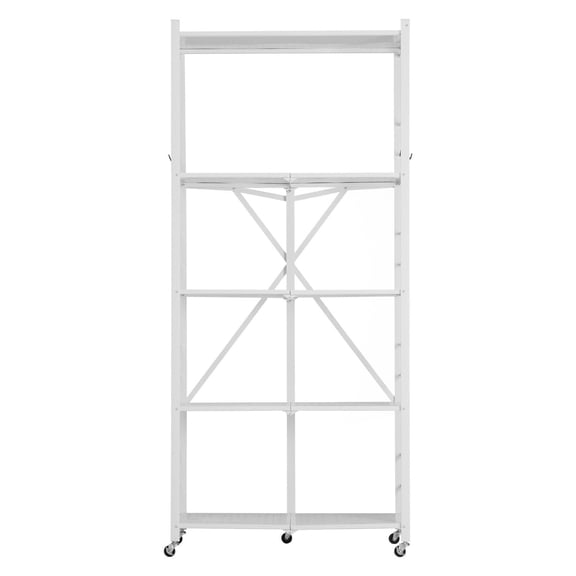 Foldable Storage Shelf, 5-Tier, on Wheels, Heavy Metal Rack, No Assembly, 4 Hooks, White, for Garage Kitchen Pantry