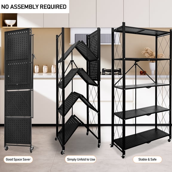 5-Tier Foldable Storage Shelf with Locking Wheels, Heavy Duty Metal Shelving Unit, Pre-Assembled Organizer Rack for Garage, Kitchen, Basement, Black