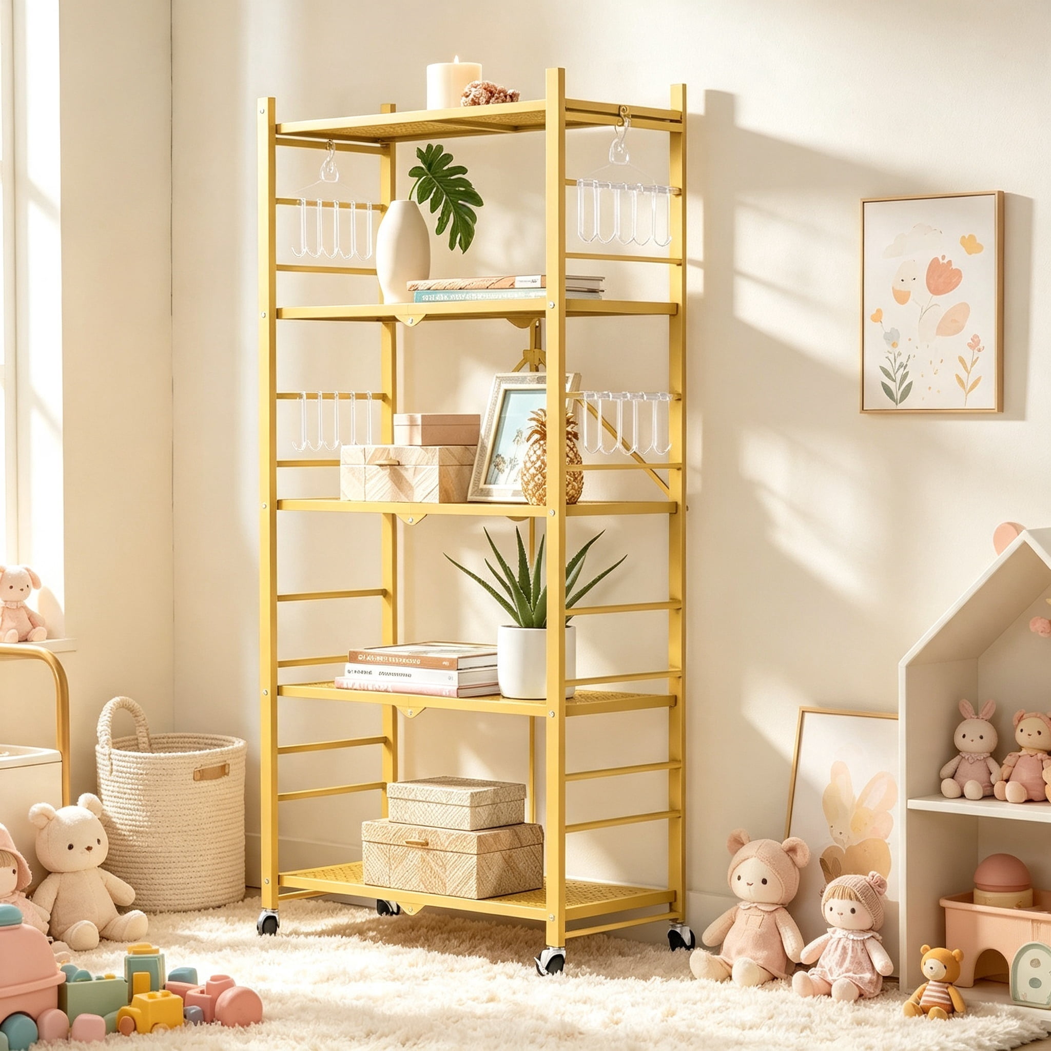 5-Tier Foldable Storage Shelf with Wheels & 20 Hooks – Folding Display ...