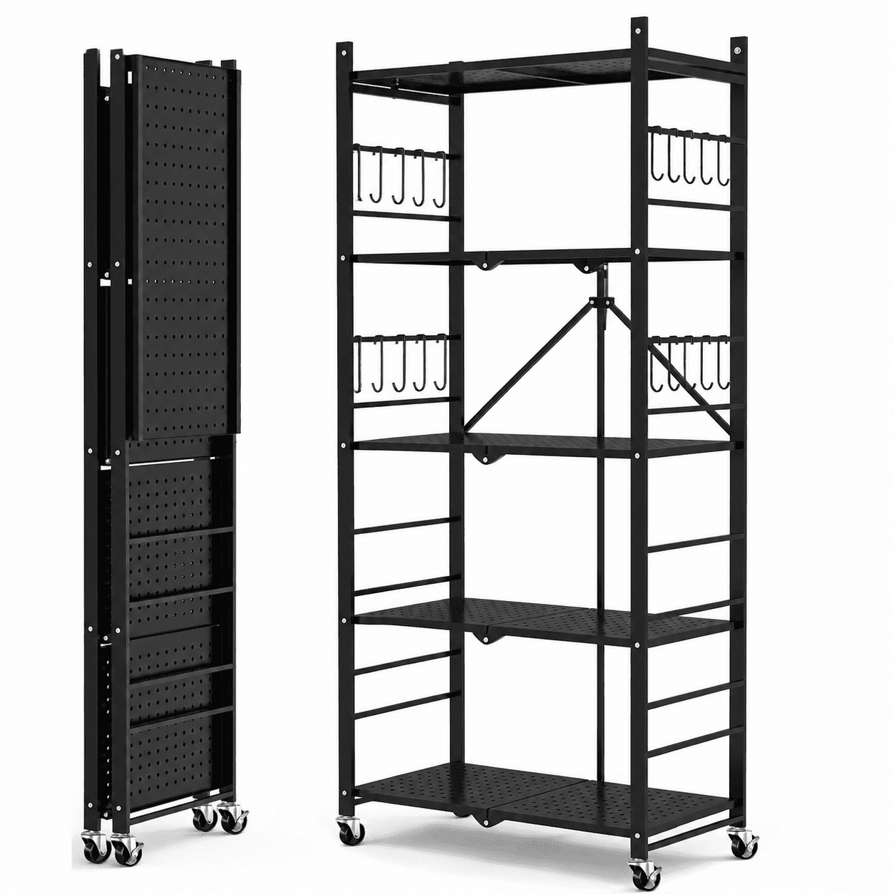 5-Tier Foldable Storage Shelves with 20 Hooks Wheels Kitchen Black