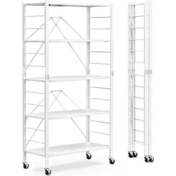 5 Tier Foldable Storage Shelves, Expandable Folding Pantry Shelf with Wheels, Changeable into 2 Shelf Units, Collapsible Storage Rack Metal Shelves for Kitchen, Room, Garage, White