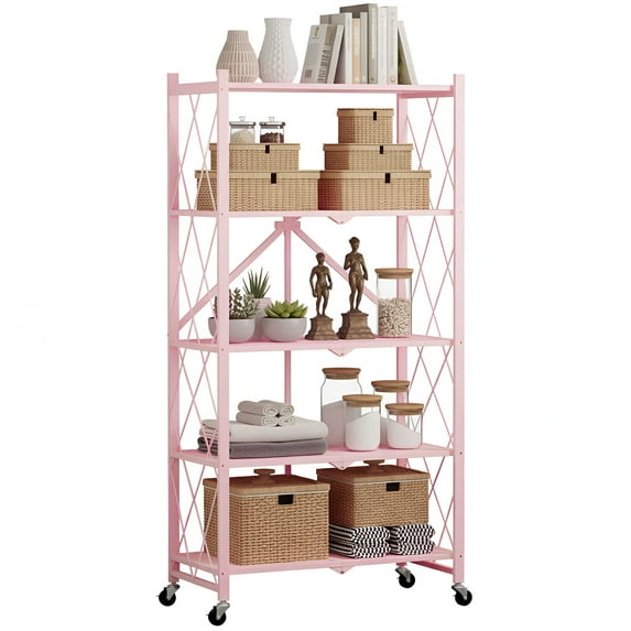 5 Tier Foldable Storage Shelves with Wheels, 28"Lx13"Dx63"H Foldable Shelves, Freestanding Wire Metal Shelf for Storage, No Assembly Rack for Garage Kitchen, Basement, Pantry(Pink)